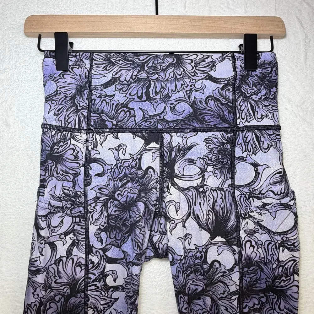 Lululemon Fast Free Hanakotoba Starlight Crop II Purple Floral Leggings Run 4